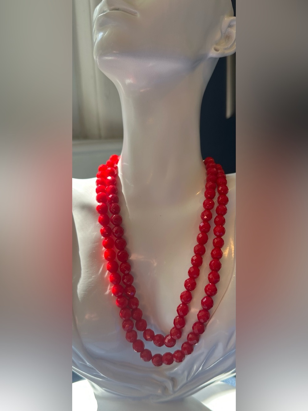 Vibrant Red Glass Faceted choker Double-Strand Bead Necklace Extender Hook Clasp